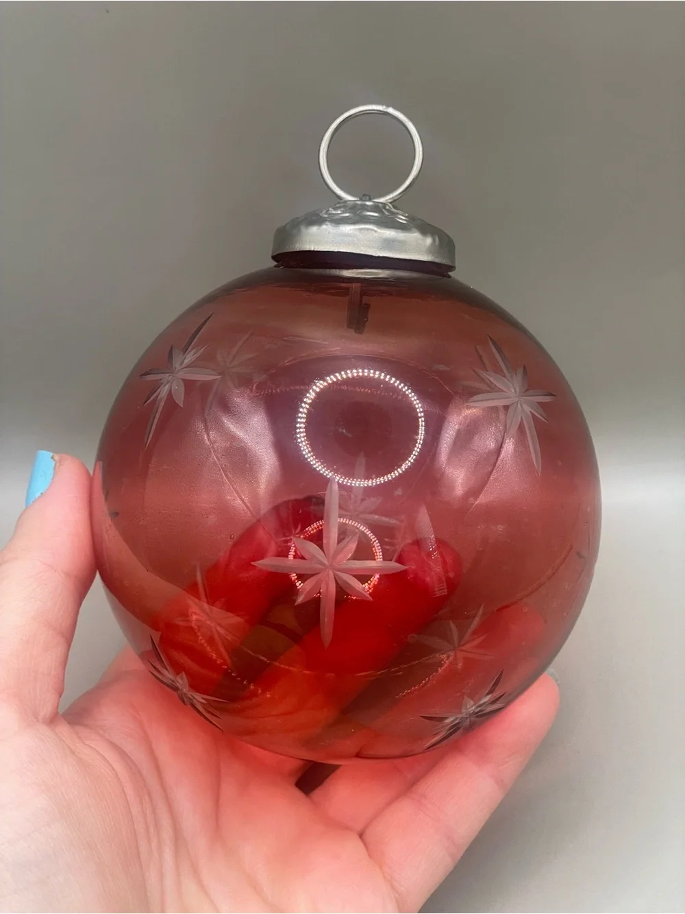 VTG Red Cut Glass Kugel Style 4” Christmas Ornament Not marked Heavy Snowflakes